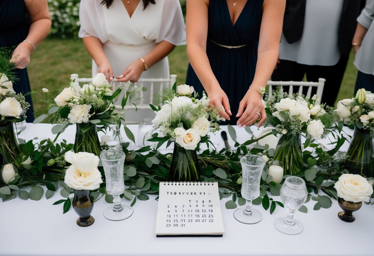 A table covered in flowers, vases, and greenery. A pair of hands arranging centerpieces. A calendar showing the date of the wedding