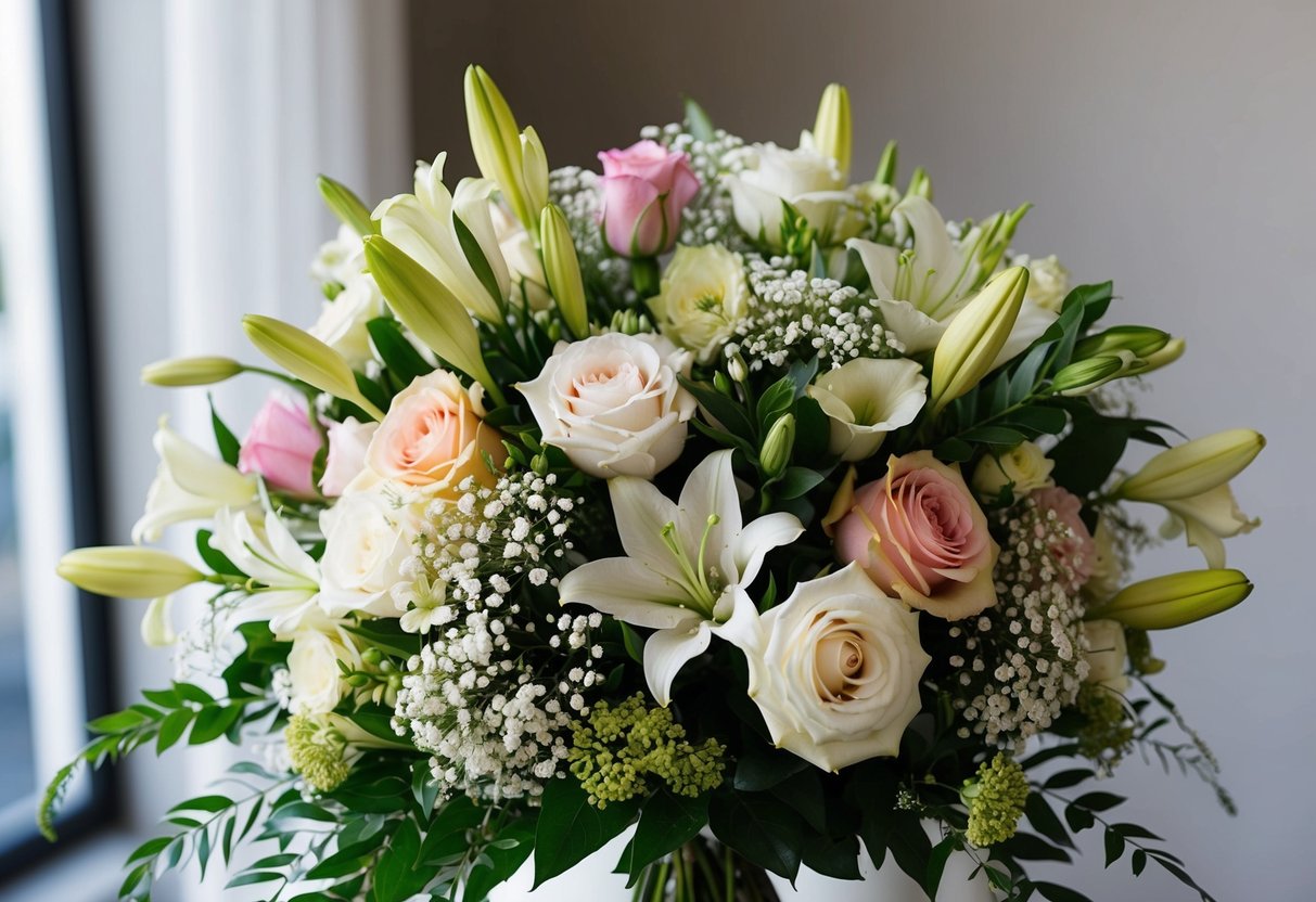 A bridal bouquet filled with a variety of flowers, typically including roses, lilies, and baby's breath, arranged in a lush and elegant composition