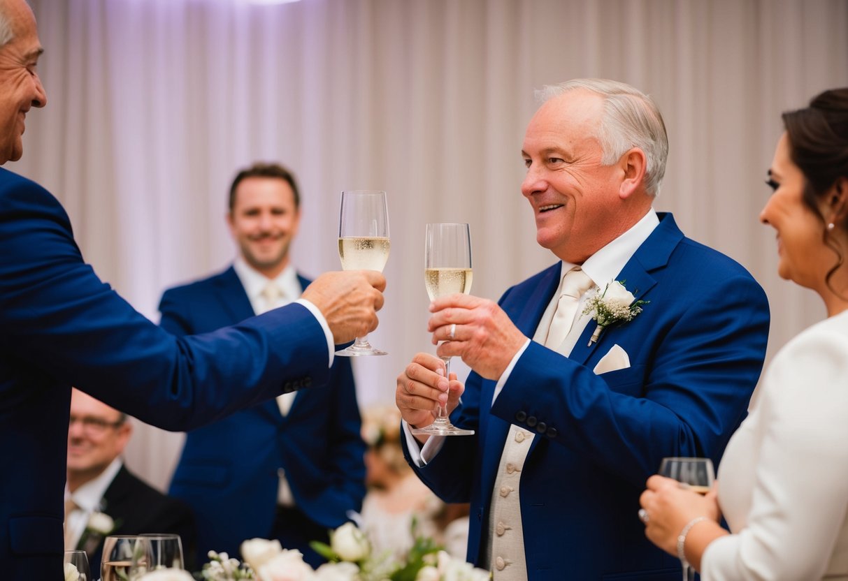 The father of the groom raises a glass and offers a heartfelt toast during the wedding reception