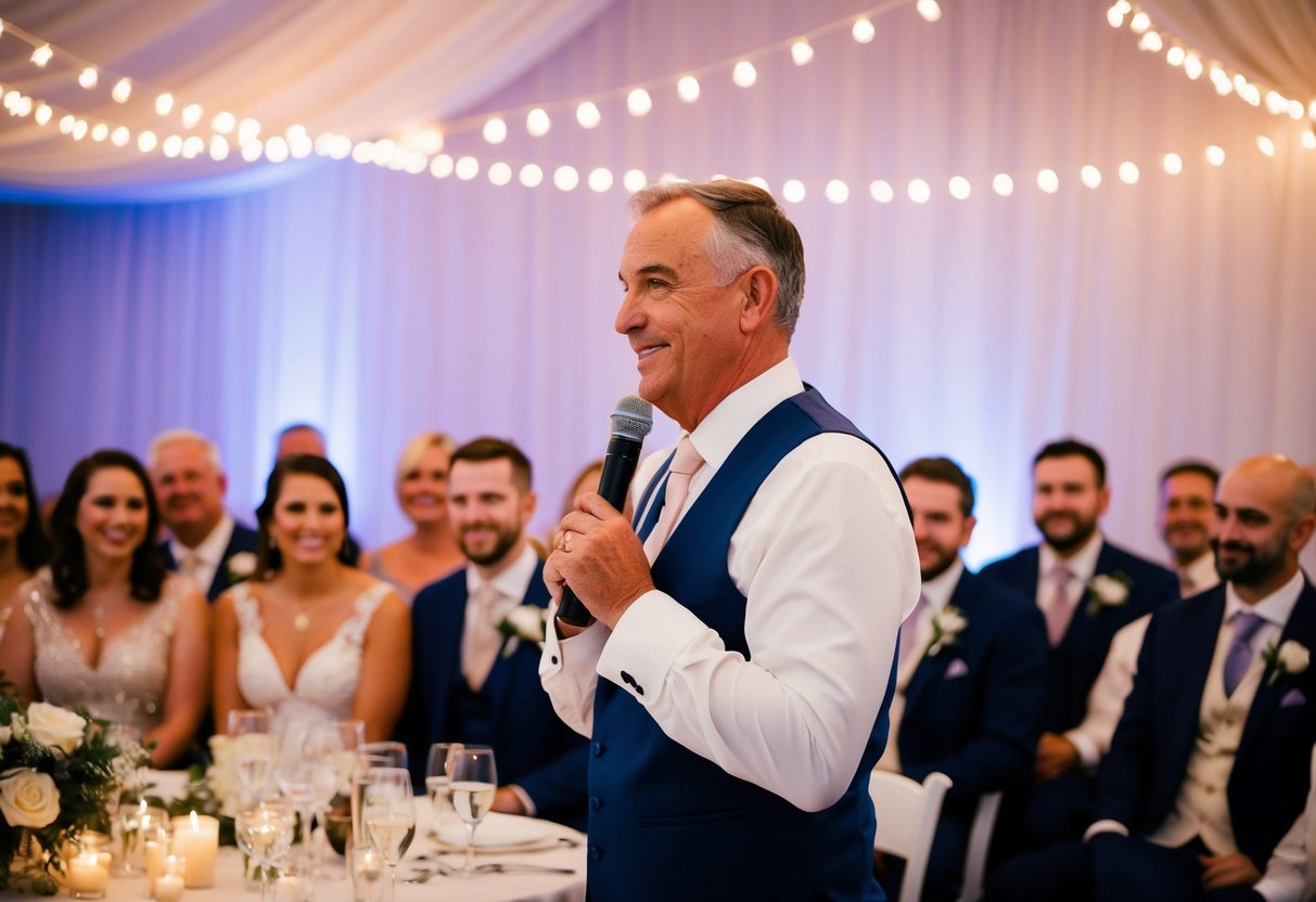 The father of the groom delivers a heartfelt speech at the wedding reception, surrounded by smiling guests and twinkling lights