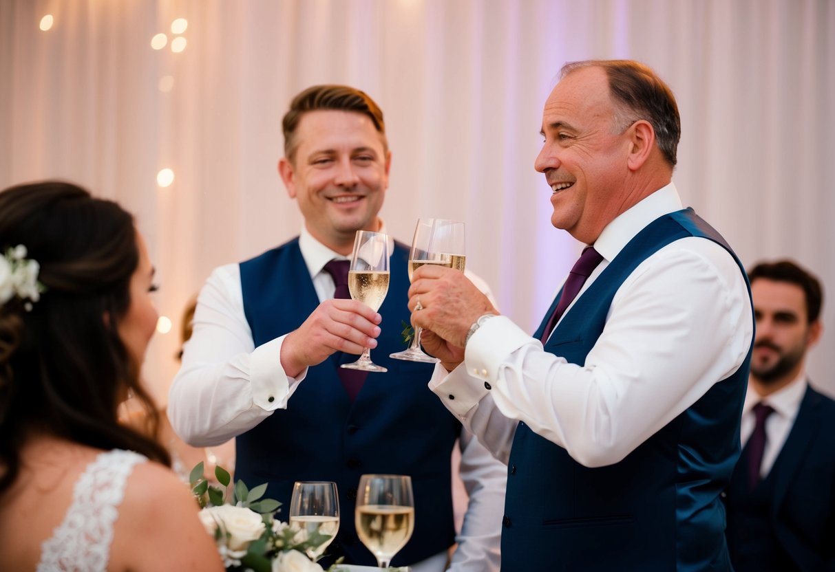 The father of the groom gives a heartfelt speech at the wedding reception, raising a toast to the newlyweds