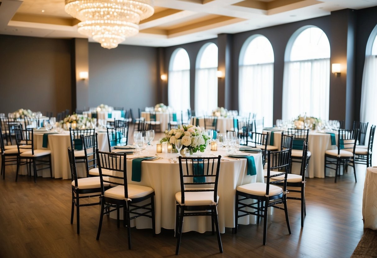 An empty wedding venue with beautifully decorated tables and chairs, awaiting the arrival of guests