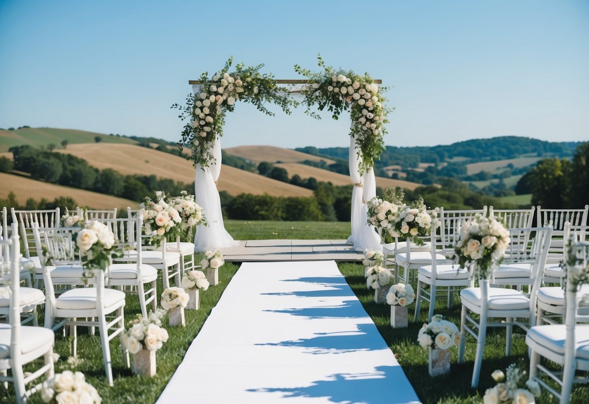 A serene outdoor wedding ceremony with a beautifully decorated arch and floral arrangements, set against a backdrop of rolling hills and a clear blue sky