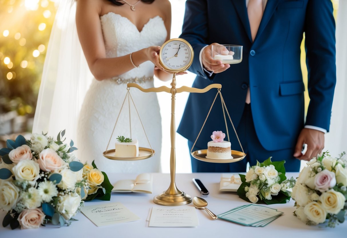 A couple divides wedding expenses, each with a scale representing their share, surrounded by various wedding-related items like flowers, cake, and invitations