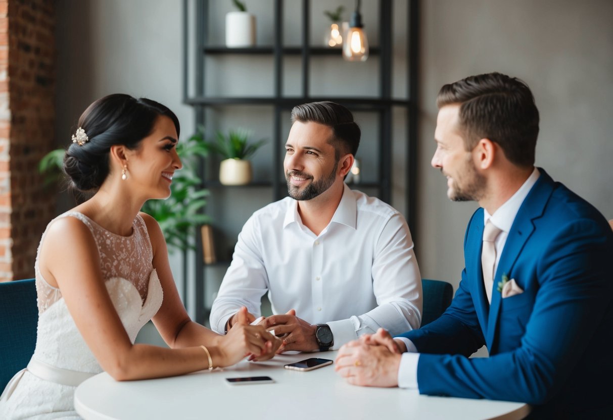 A couple sits at a table with a wedding planner, discussing and dividing the costs of additional wedding-related events