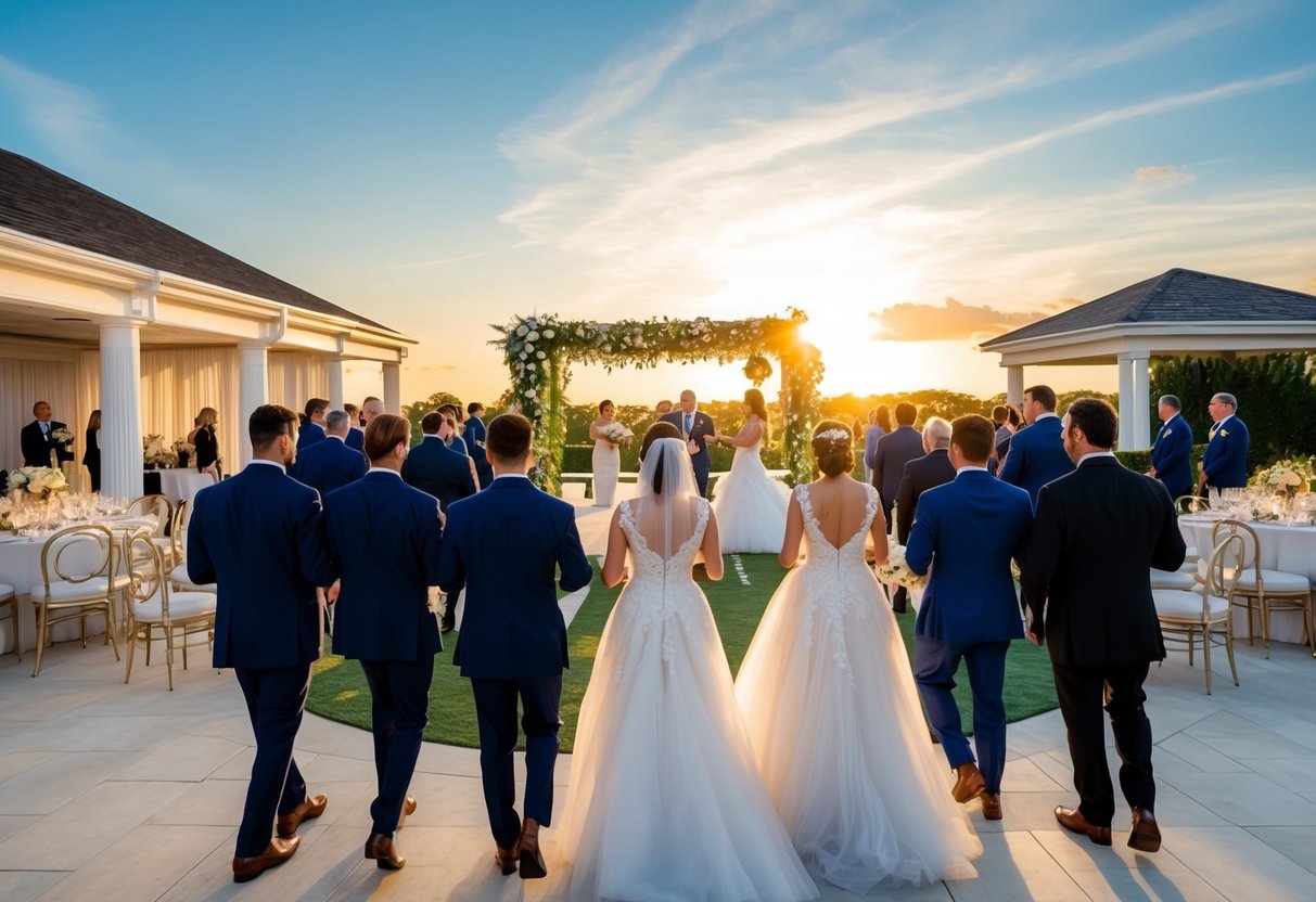 Guests arriving at a grand wedding venue, with a beautiful outdoor ceremony set up and a luxurious indoor reception area, as the sun begins to set in the background