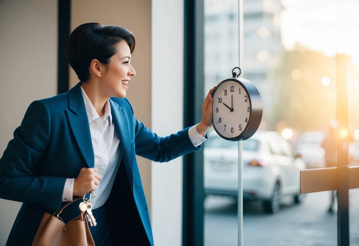 A person rushing to grab their coat and keys, glancing at the clock, with a sense of urgency and excitement