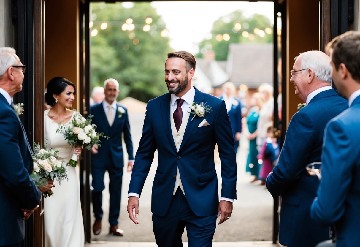 The groom greets arriving guests at the entrance