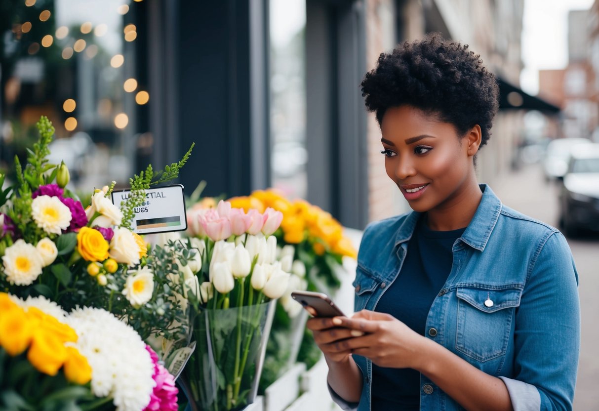 A person comparing prices between a local florist and an online retailer, with a phone in hand and a thoughtful expression