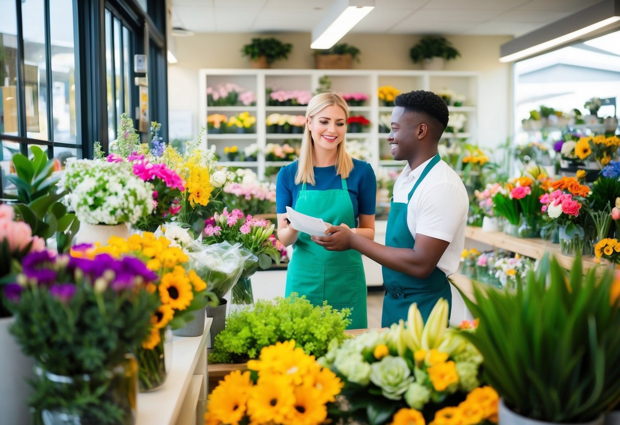 A local florist's shop with a colorful array of fresh flowers and plants, a friendly florist assisting a customer with a smile