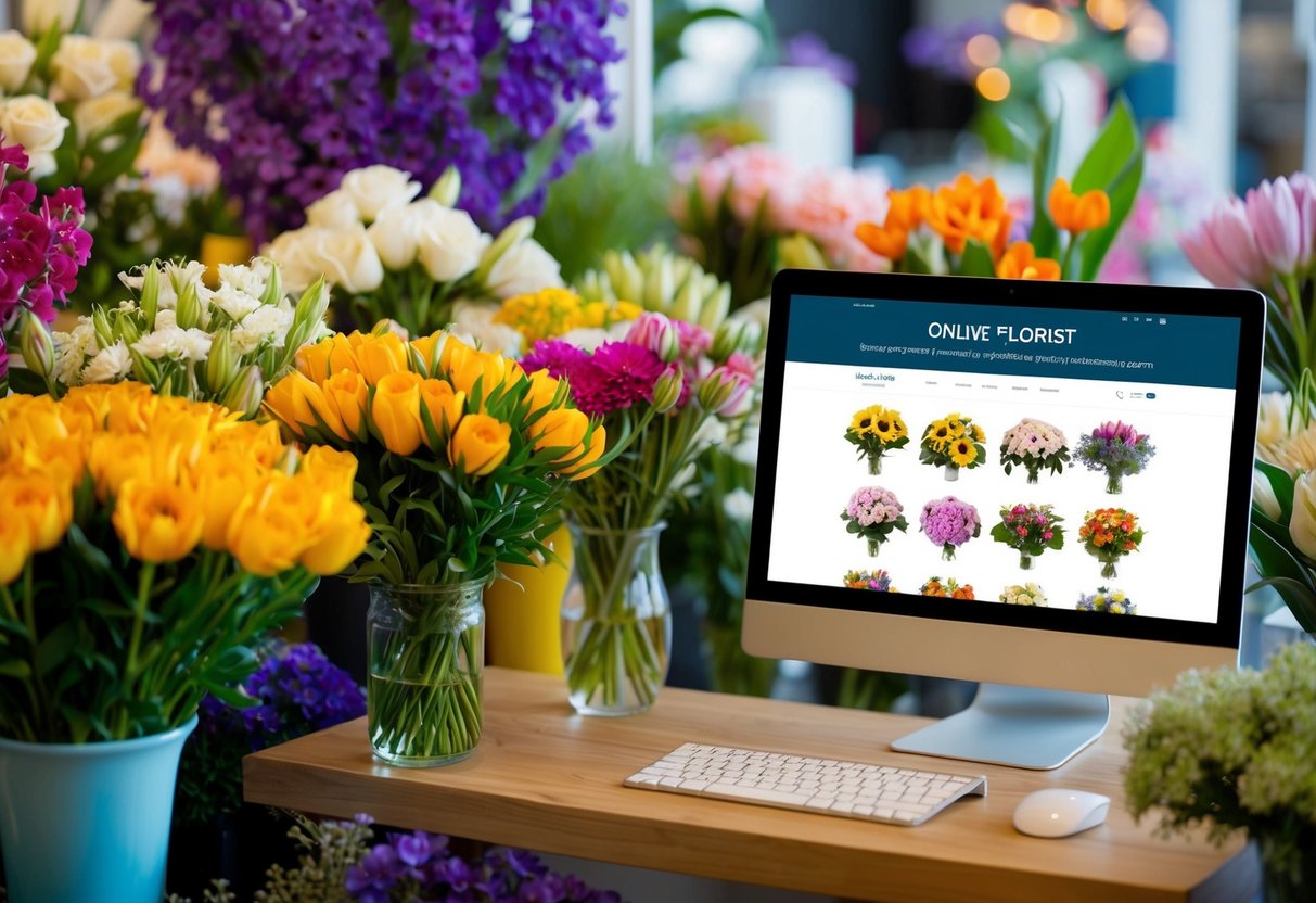 A local florist surrounded by vibrant flowers, with an online florist on a computer screen displaying various bouquets