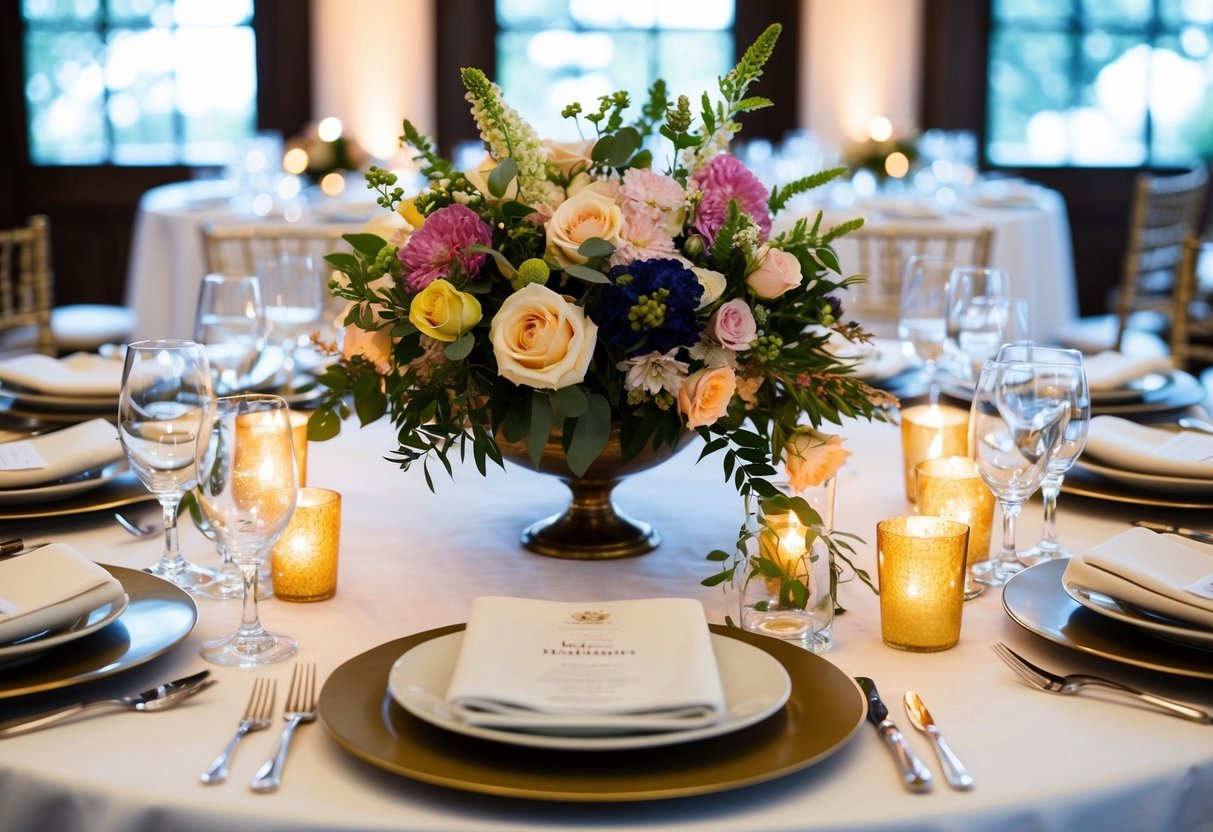 A table adorned with floral centerpieces, surrounded by elegant place settings and flickering candles