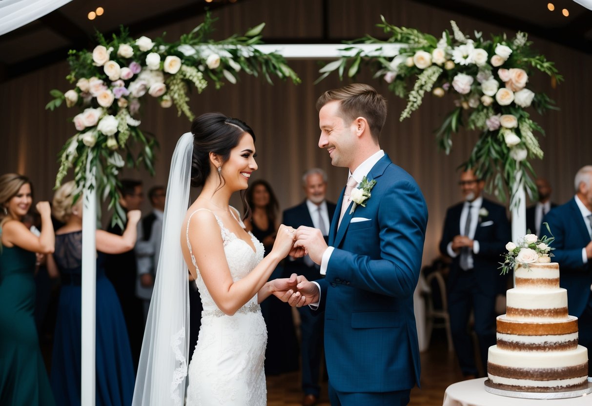 A bride and groom exchange rings under a floral arch, followed by a reception with a tiered wedding cake and guests dancing