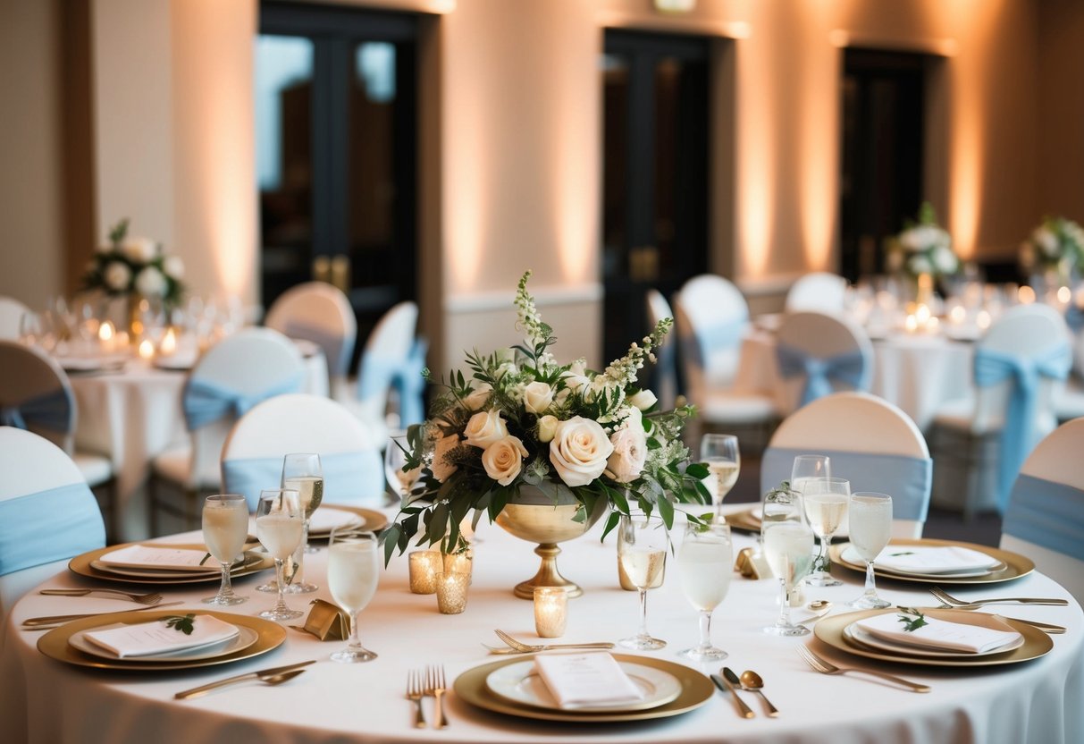 A beautifully set top table at a wedding reception, with elegant place settings and floral centerpieces