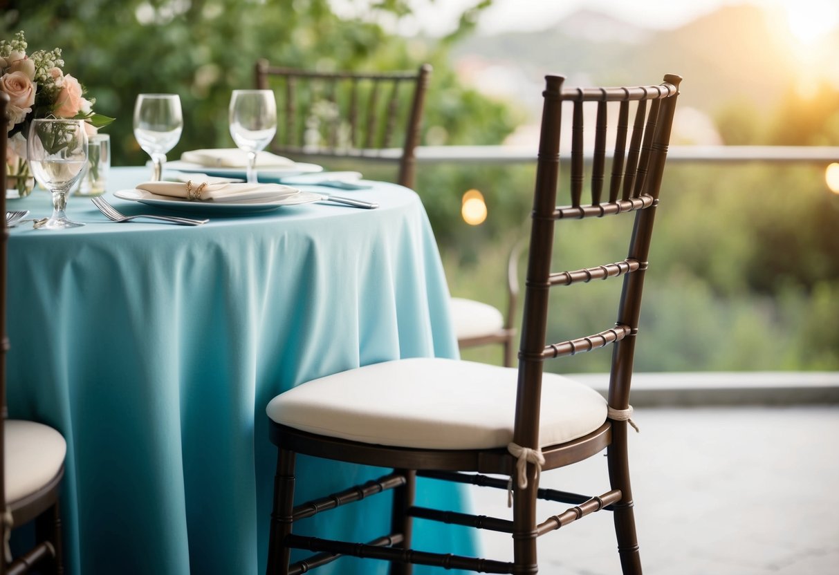 A single empty chair at a beautifully decorated table with a place setting and a small bouquet of flowers