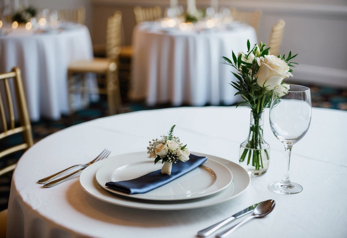 A table set for one at a wedding reception, with a single place setting and a small bouquet of flowers