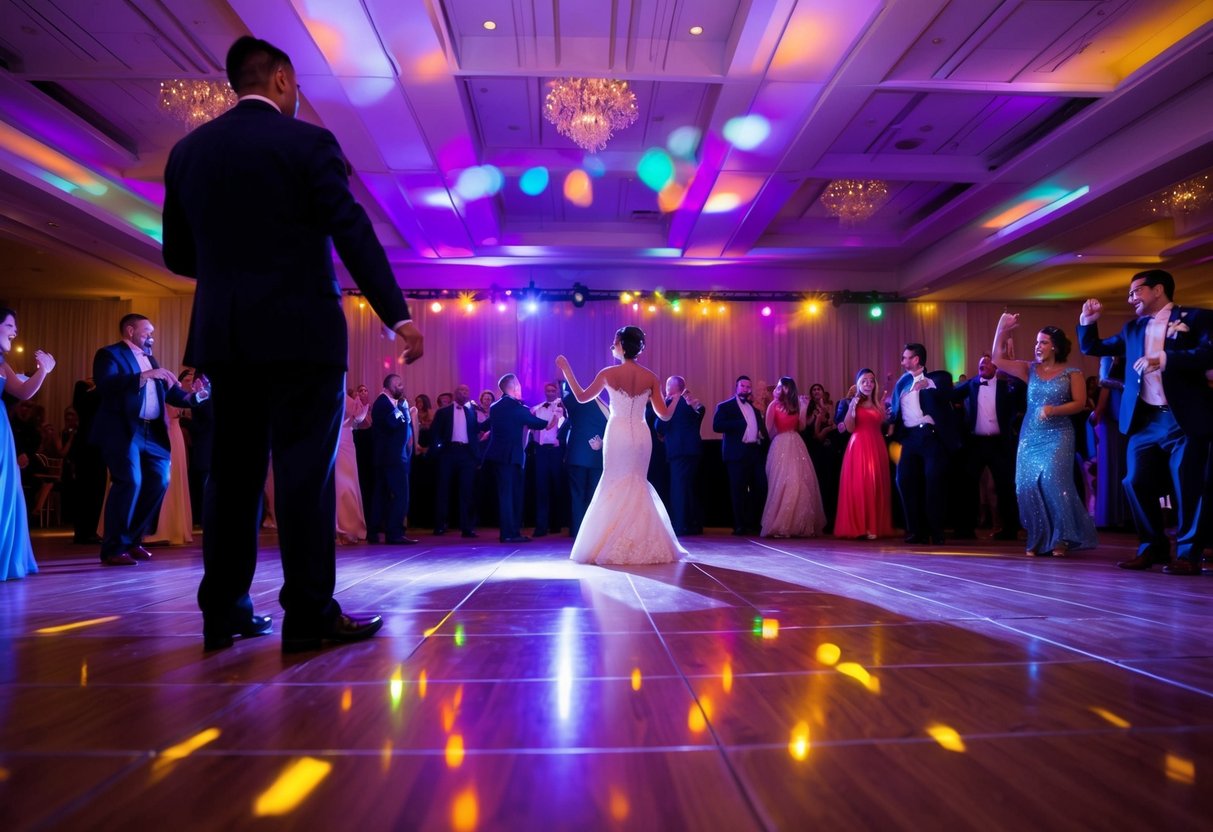 A lone figure stands at the edge of a bustling dance floor, observing the joyful celebration at a wedding. The colorful lights and lively music create a festive atmosphere