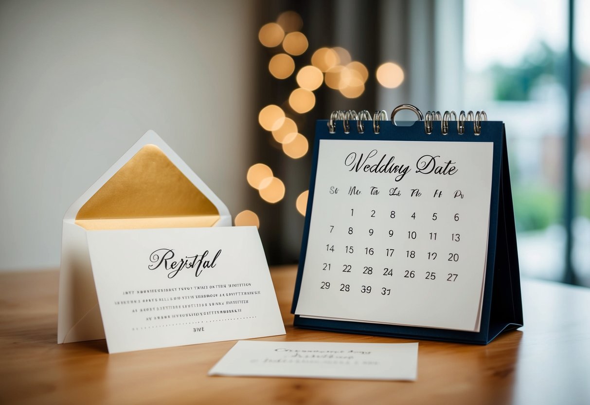 An empty wedding invitation beside a calendar with the wedding date circled and a regretful note