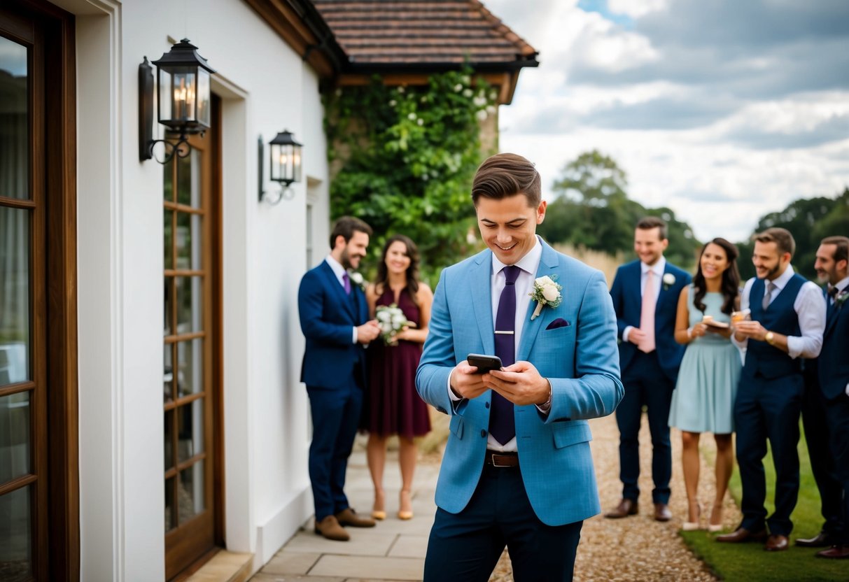 A person standing outside a wedding venue, looking at a map or phone for directions. Nearby, a group of people chatting and laughing