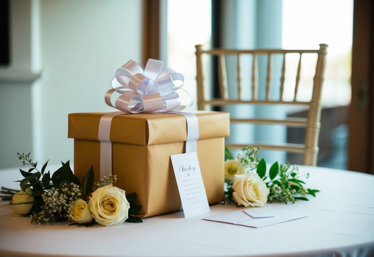 A wrapped gift with a bow sits on a table, surrounded by flowers and a card. An empty chair symbolizes absence from the wedding