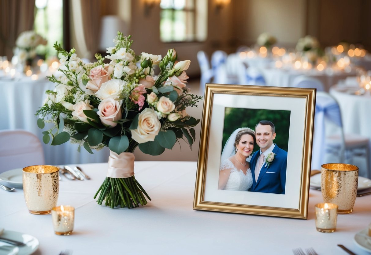 A bouquet of flowers and a framed photo of the bride and her mother placed on a beautifully decorated table at the wedding reception
