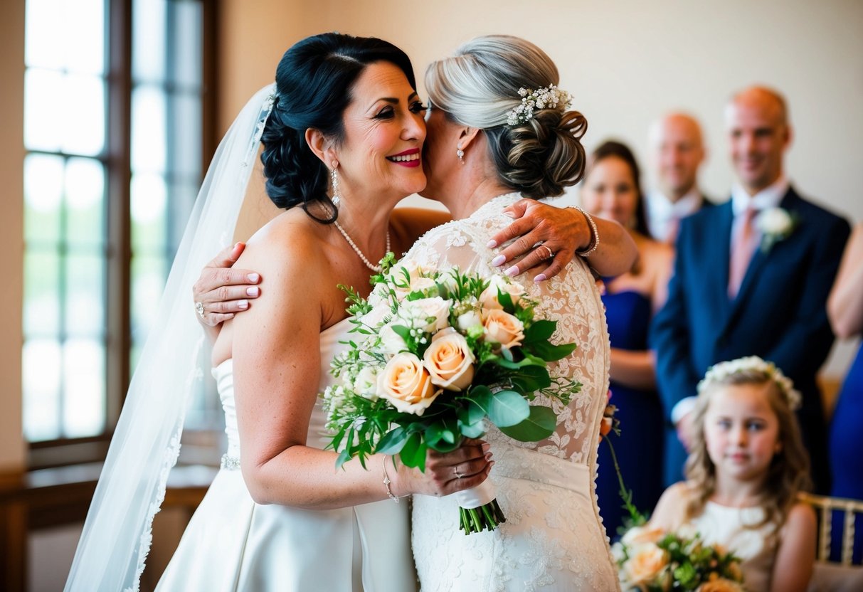 A mother of the bride receiving a bouquet of flowers and a heartfelt hug from her daughter on the wedding day