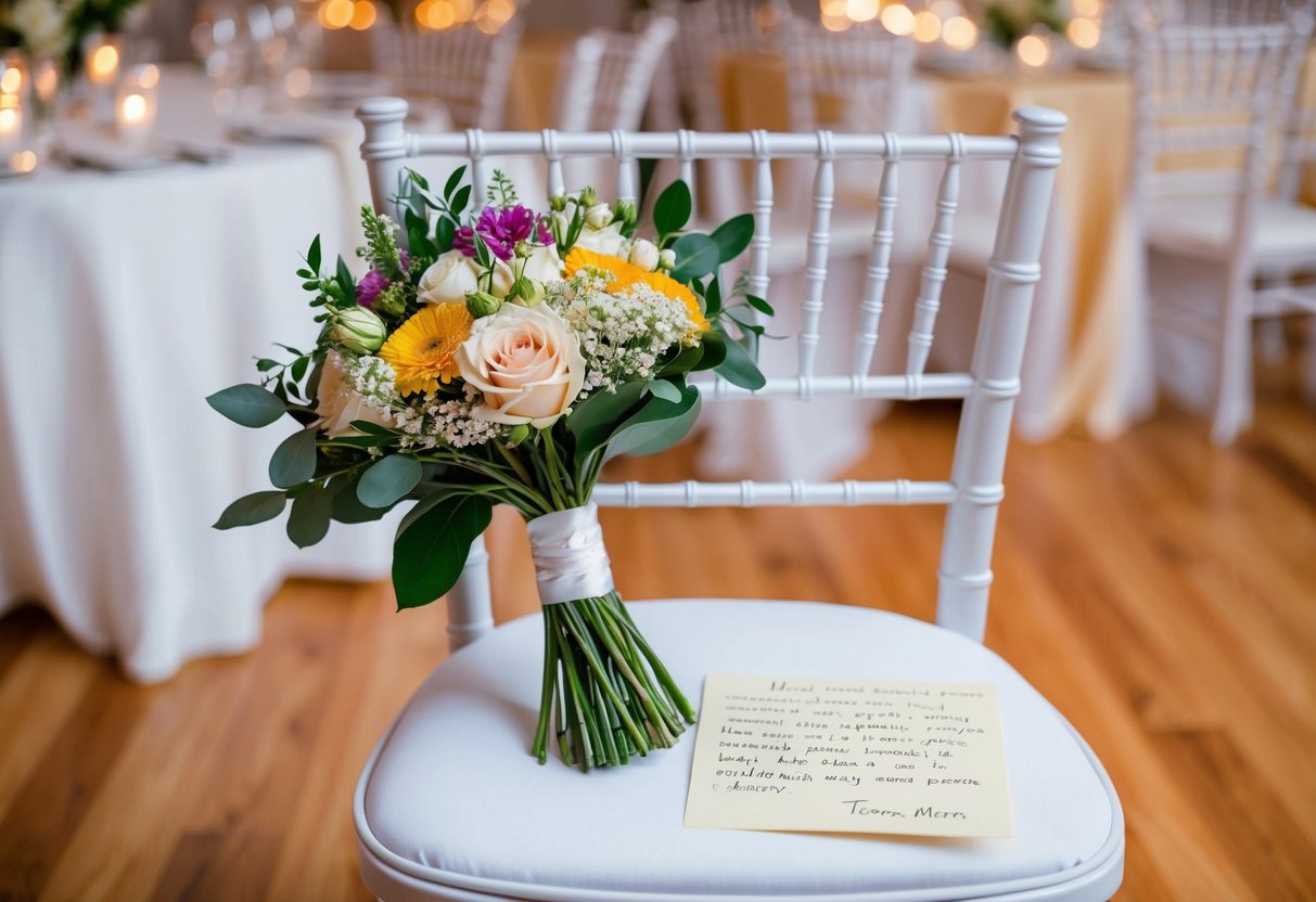 A bouquet of flowers and a heartfelt note placed on a beautifully decorated chair at the wedding reception