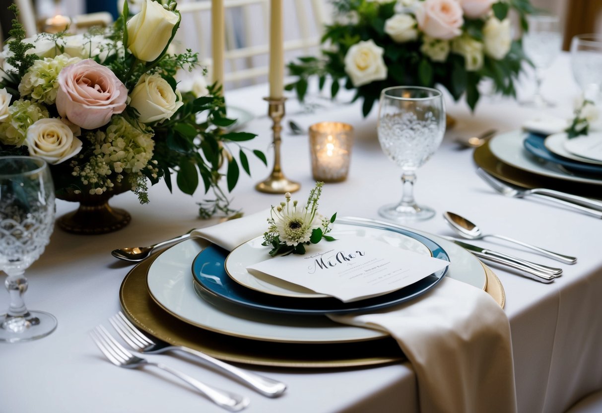 A beautifully set table with traditional and modern elements, showcasing a special place setting for the mother of the bride