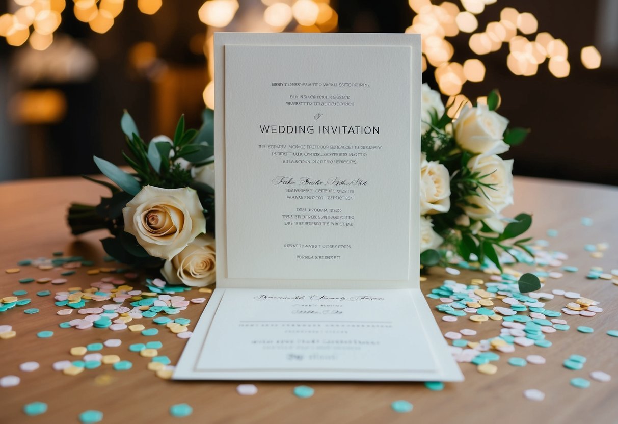 An empty wedding invitation on a table, surrounded by scattered confetti and a bouquet of flowers