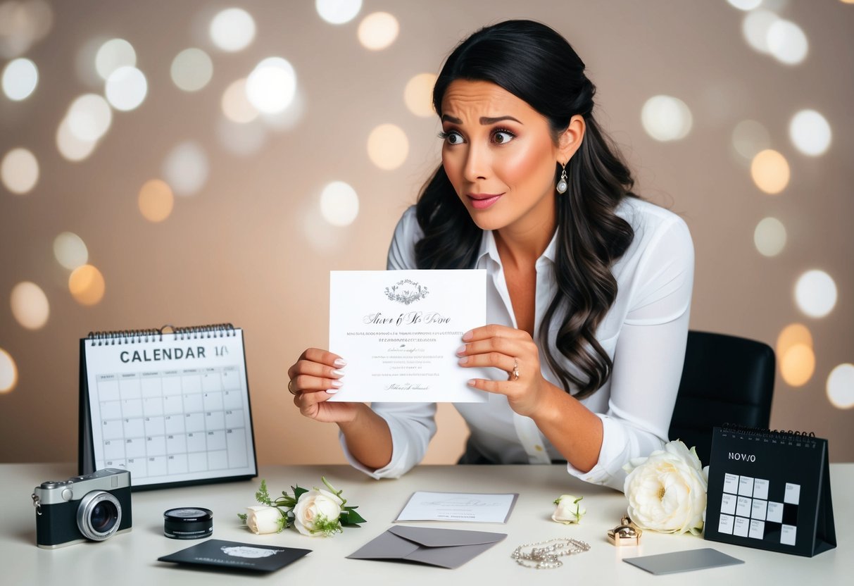 A woman holding a wedding invitation with a puzzled expression, surrounded by various wedding-related items and a calendar