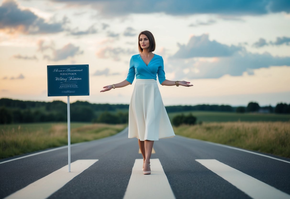 A woman stands at a crossroads, one path leading to a wedding invitation and the other to her own priorities and boundaries