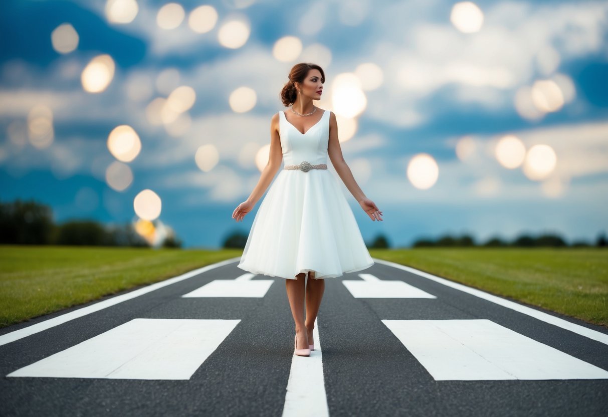 A woman standing at a crossroads, one path leading to a wedding venue and the other to an uncertain future