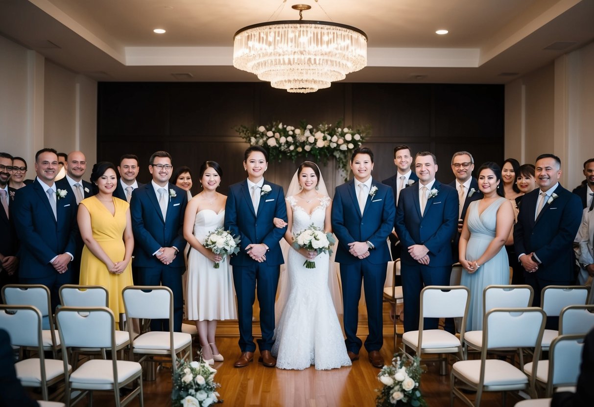 A group of people dressed in formal attire at a wedding ceremony, with a bride and groom standing at the front of the room