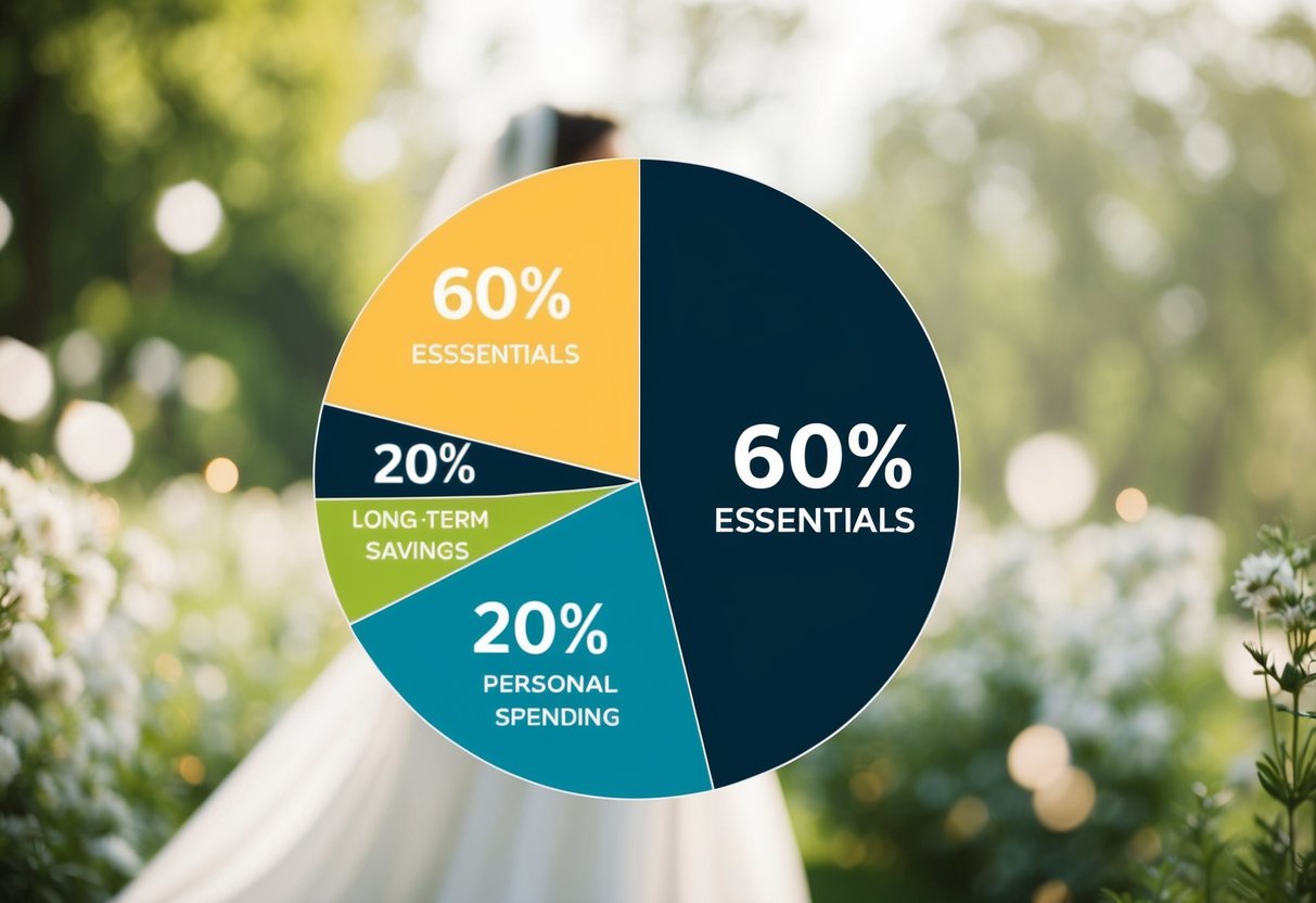 A wedding budget pie chart divided into 60% for essentials, 20% for long-term savings, and 20% for personal spending
