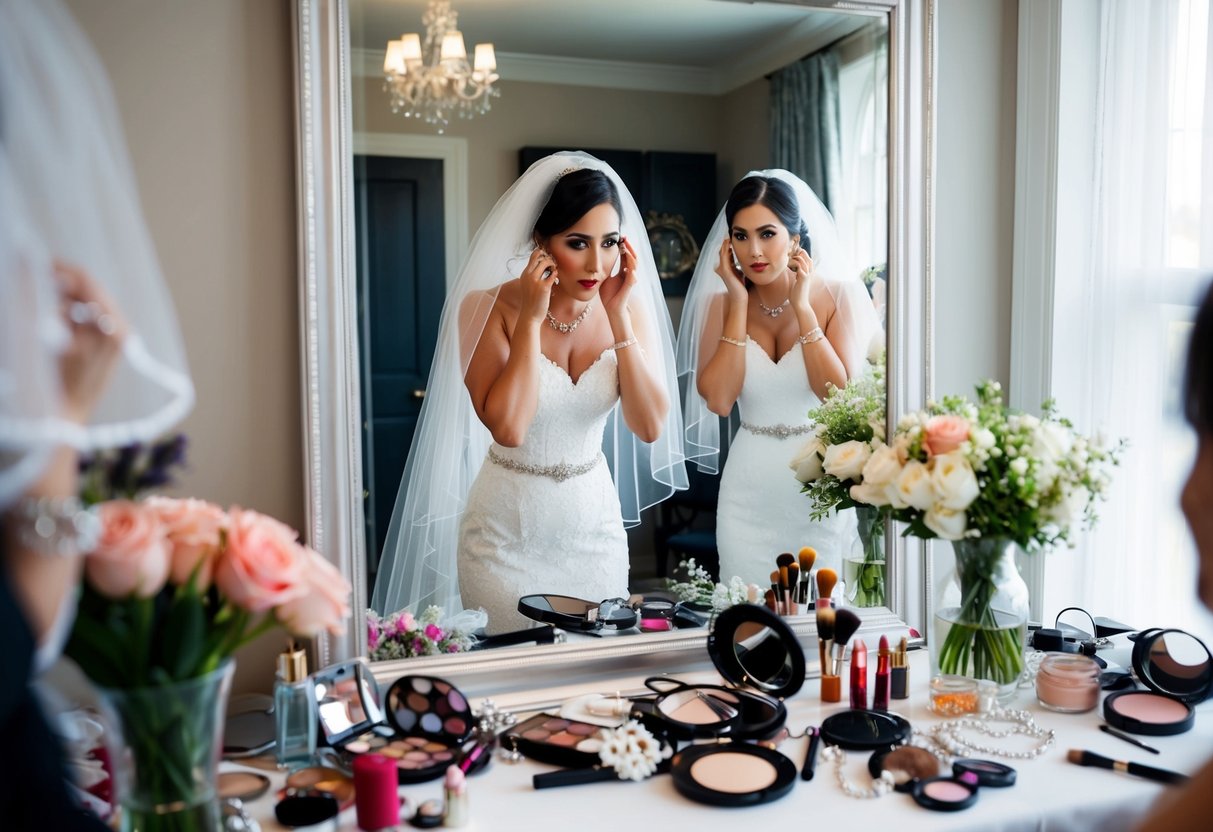 A bride anxiously checks her reflection in a full-length mirror, adjusting her veil and smoothing out her dress, surrounded by a clutter of makeup, jewelry, and flowers