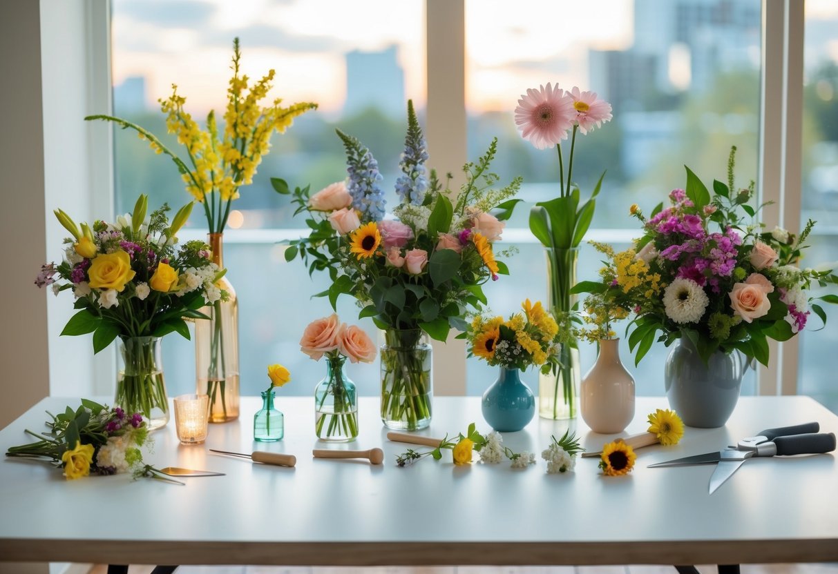 A table with various flowers, vases, and tools laid out. A price comparison chart showing costs for DIY and professional floristry