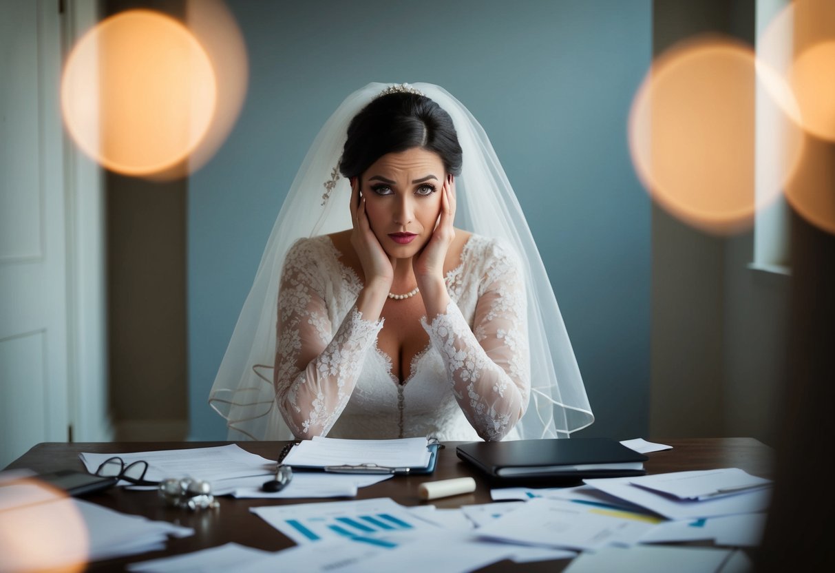 A bride sits alone, surrounded by scattered wedding planning materials, looking anxious and overwhelmed