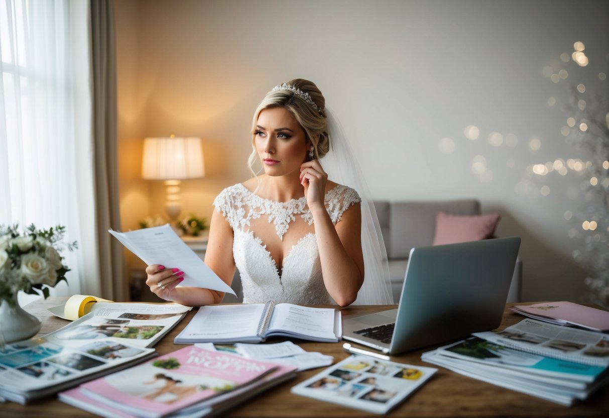 A bride sits at a cluttered desk, surrounded by wedding magazines and a laptop. She looks stressed as she makes notes and checks off items on a long to-do list