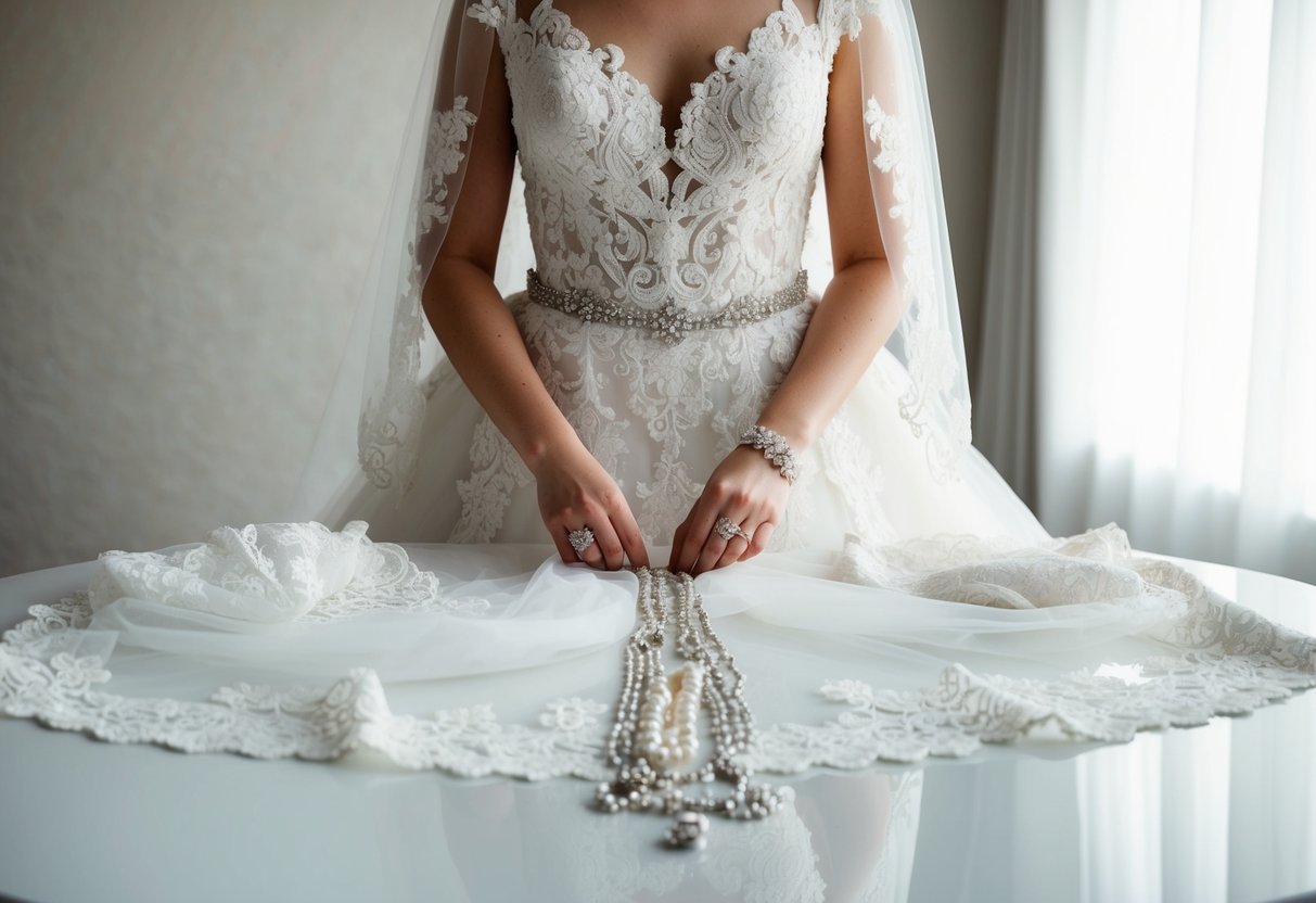 A bride frets over her gown's intricate lace, delicate veil, and sparkling jewelry laid out on a pristine table