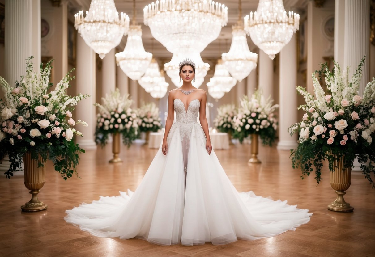 A glamorous bride standing in a grand ballroom, surrounded by opulent chandeliers and luxurious floral arrangements. She is wearing a stunning, flowing gown and a sparkling tiara