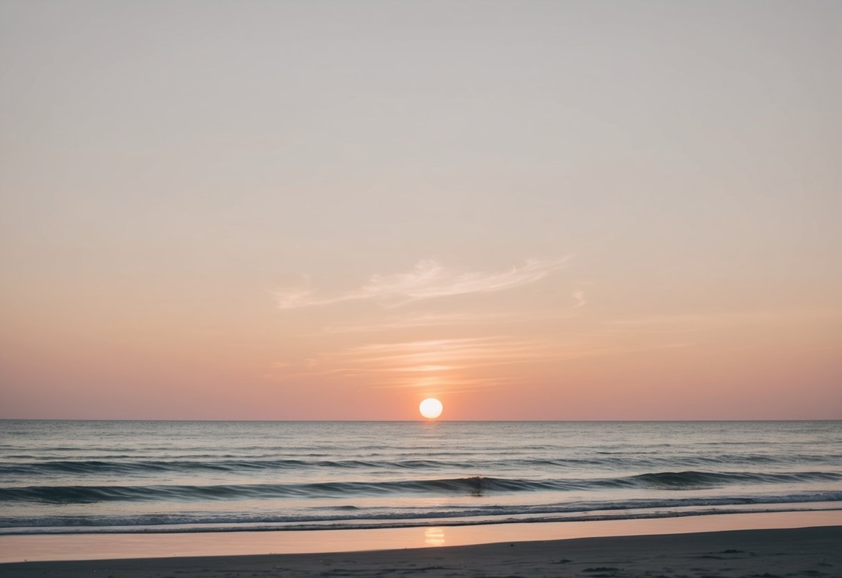 A golden sunset over a tranquil beach, with soft waves and a pastel sky, creating a romantic and dreamy atmosphere for a wedding