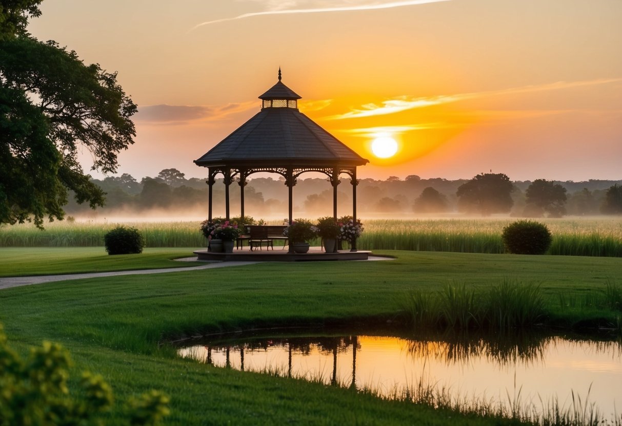 A golden sunset over a tranquil countryside setting, with a picturesque gazebo adorned with flowers, surrounded by lush greenery and a serene pond