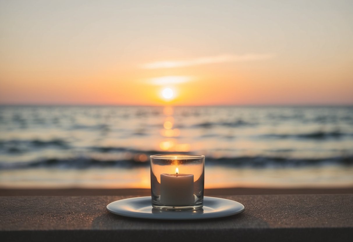 A serene sunset on a beach with soft, golden light casting a warm glow over the scene, creating a romantic atmosphere for a wedding ceremony