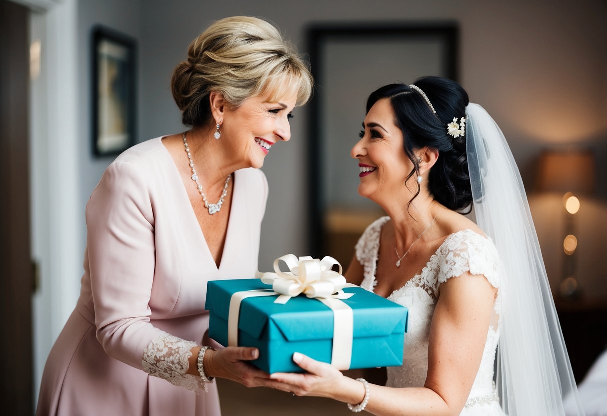 A mother presents a beautifully wrapped gift to her daughter, the bride, with a tender smile on her face