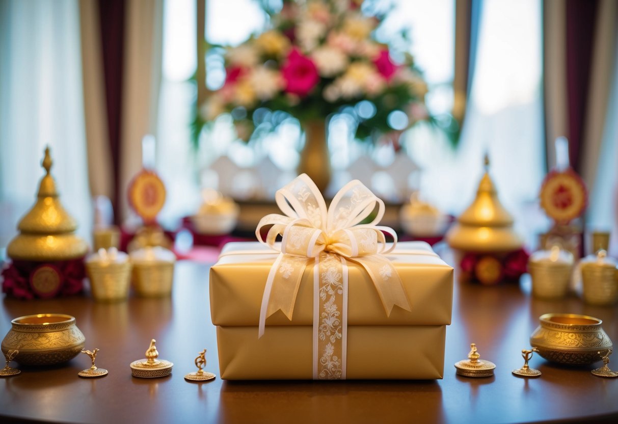 A beautifully wrapped gift with a delicate bow sits on a table, surrounded by traditional wedding decor and symbols