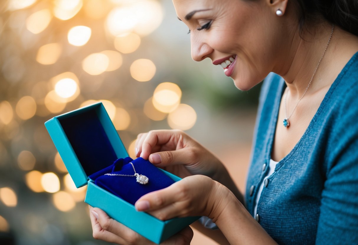 A mother places a delicate necklace in a velvet box, with tears of joy in her eyes