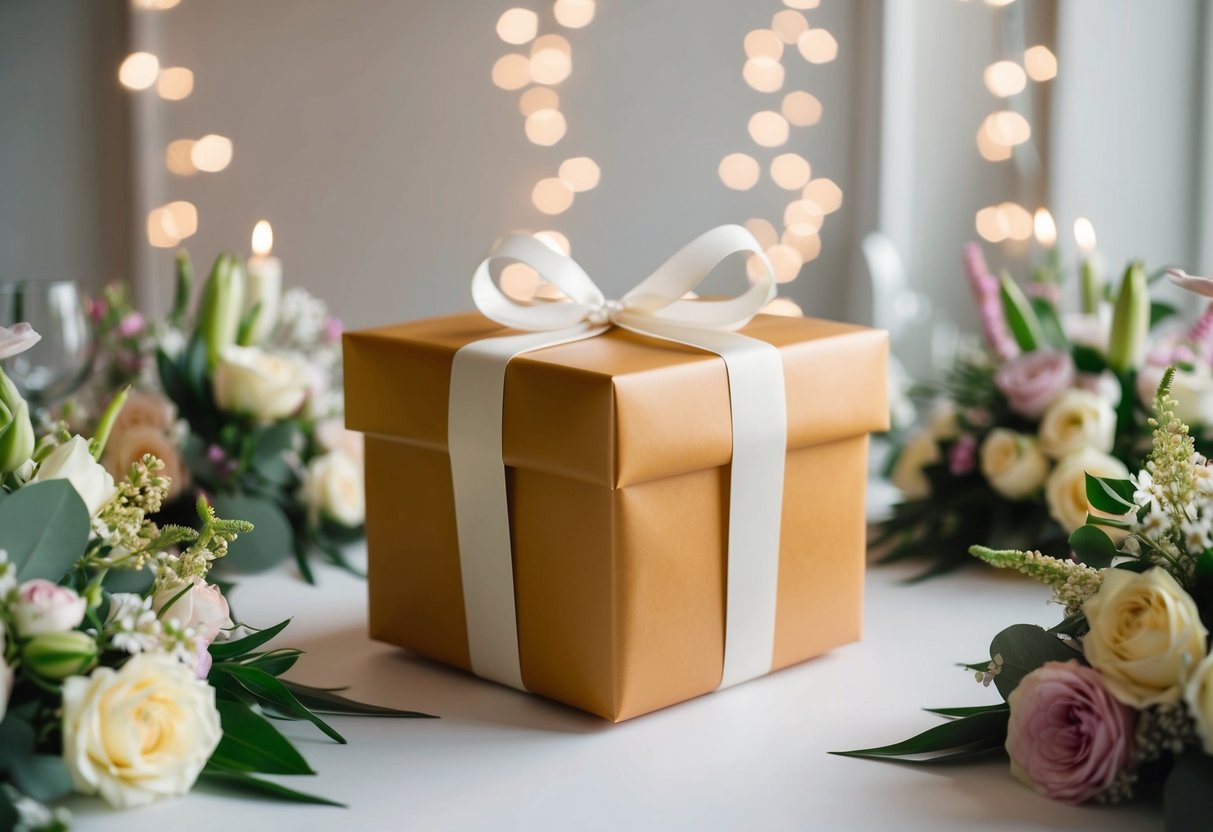 A beautifully wrapped gift box on a table, surrounded by flowers and wedding decorations
