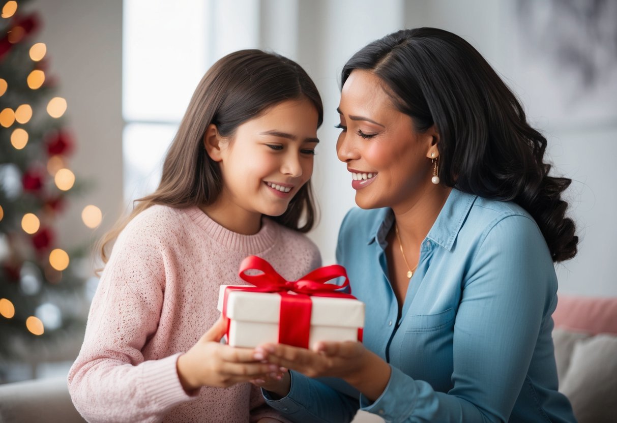 A mother tenderly presents a gift to her daughter, their eyes filled with emotion as they share a special moment