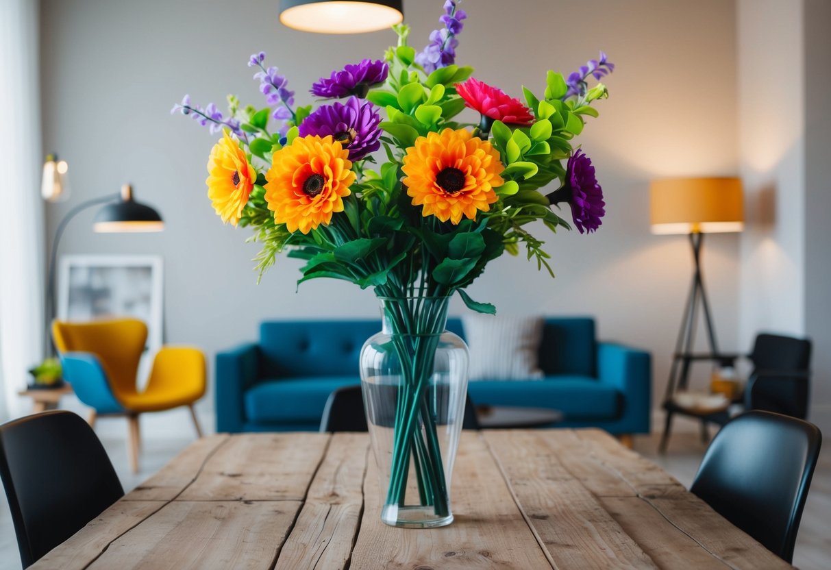 A vase of vibrant fake flowers sits on a rustic wooden table, surrounded by modern decor and natural light