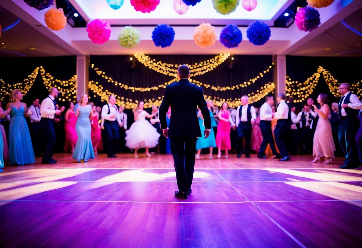 A lone figure stands at the edge of a bustling dance floor, surrounded by vibrant decorations and joyful guests